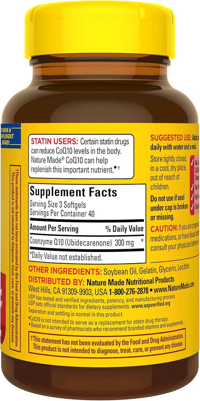 Nature Made CoQ10 300mg per 3 Softgels, CoQ10 Supplement for Heart Health & Antioxidant Support, 120 Softgels, 40 Day Supply