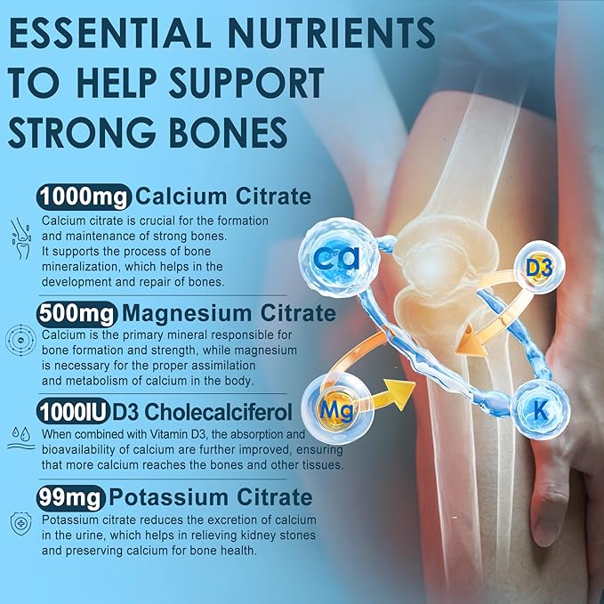 Calcium Citrate Vitamin D3 1000IU Gummies for Women & Men, Sugar Free Bone Health Complex with Calcium, Magnesium, Zinc Potassium & B6, High Absorption, Teeth, Leg Cramp & Nerve Health, Vegan, 60Cts
