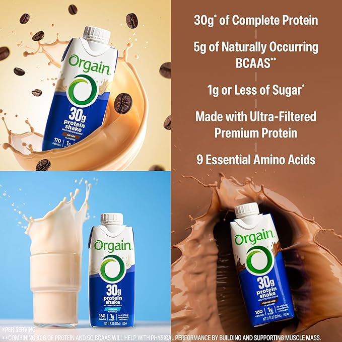 Orgain 30g High Protein Shake Variety Pack, Dairy Isolate Milk Protein, 5g BCAAs, 1g Sugar Per Serving, Caffeine, Meal Replacement, Ready to Drink, Chocolate, Vanilla, Café Latte, 11 Fl Oz (12 Pack)
