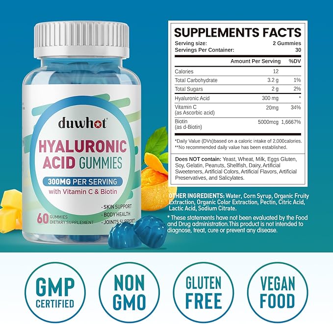 Hyaluronic Acid Gummies, Hyaluronic Acid Supplements with Vitamin C & Biotin 5000mcg for Skin, Hair, Nails Health, Joints Supplements for Women & Men, Low Sugar, Vegan, Non-GMO, 60 Counts