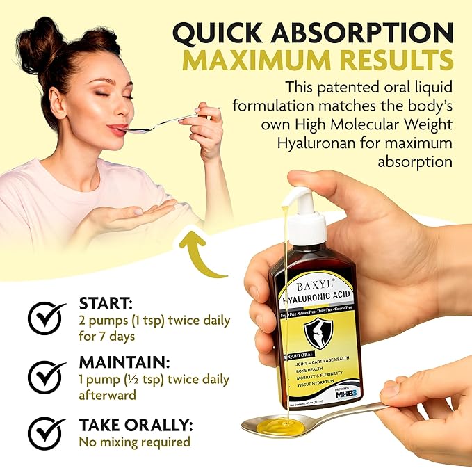 BAXYL Liquid Hyaluronic Acid Supplement - Natural Citric Acid, Potassium Sorbate Ingredients Formulated Flavorless Syrup - Provide Healthy Cartilage & Bone Formation - 3 Bottles of 6 Fl Oz