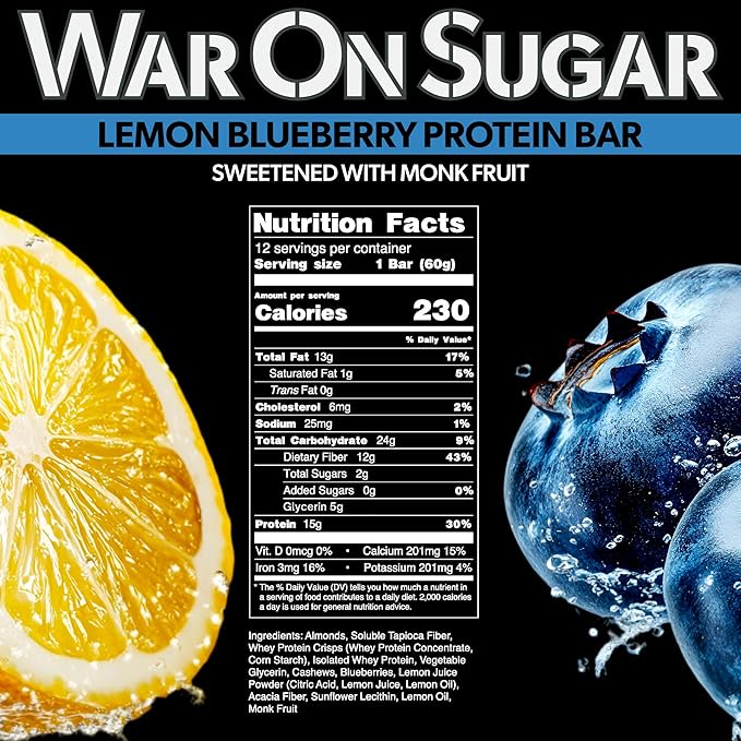 War on Sugar Lemon Blueberry - High Protein Bars, No Sugar Added, 15g Protein, 7g Net Carbs, Keto Friendly, Gluten Free, All-Natural Ingredients, Monk Fruit Sweetened, No Crash - 12 Count Box