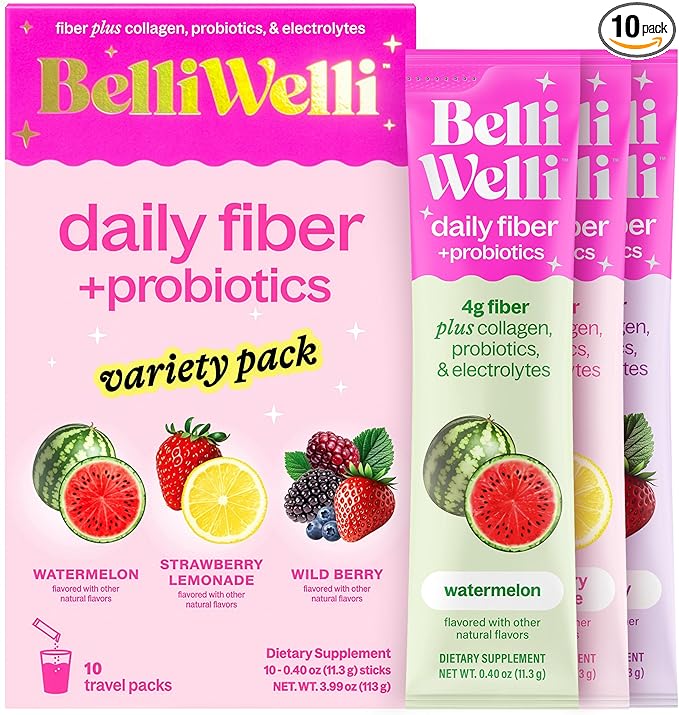Belli Welli Daily Fiber Supplement Packets with Collagen, Probiotics & Electrolytes | Single Serve Packets for Gut Health, Digestion & Debloating | Variety | 10 Count