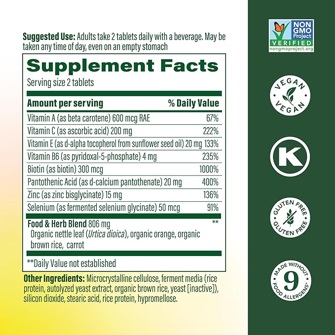 MegaFood Skin, Nails & Hair 2 - Vitamins for Women & Men - Biotin, Vitamin A, C, Zinc, B6, E, Pantothenic Acid - Vegan - Made Without 9 Food Allergens - 60 Tabs (30 Servings)
