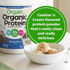 Orgain Organic Vegan Protein Powder, Cookies & Cream - 21g Plant Based Protein, 7g Prebiotic Fiber, Low Net Carb, No Lactose Ingredients, No Added Sugar, Non-GMO, For Shakes & Smoothies, 2.03 lb
