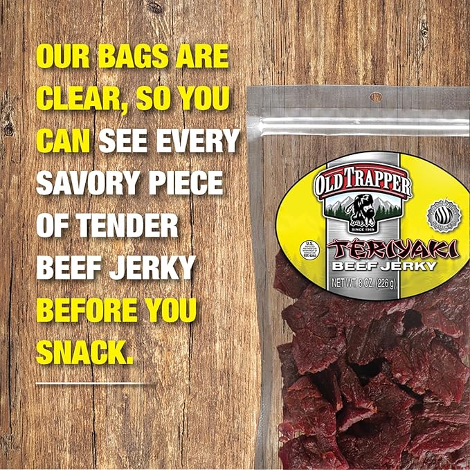 Old Trapper Beef Jerky, Teriyaki 8 Ounce Individual Pack, Tender Meat Snack for Lunches or Between Meals, 11 Grams of Protein, Zero Grams of Fat, and 70 Calories per Serving (Pack of One)