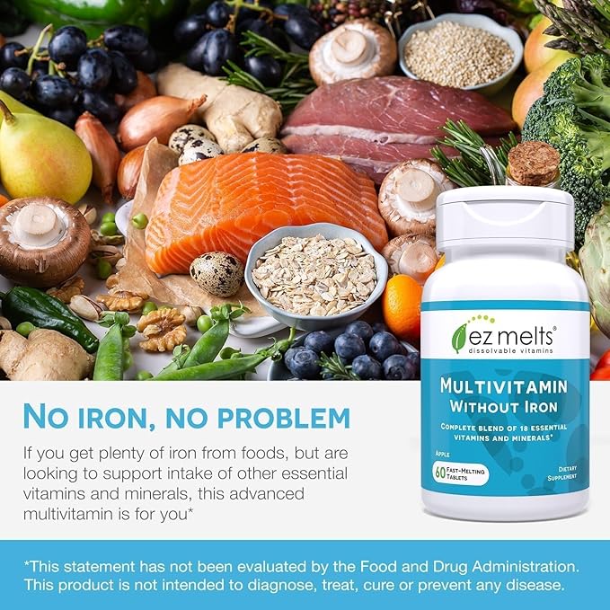 EZ Melts Multivitamin Without Iron - Daily Supplement with 18 Vitamins & Minerals - Contains Vitamin C, Folate, Biotin & More - Non-GMO & Vegan - Apple - 120 Dissolvable Tablets (60 Servings)