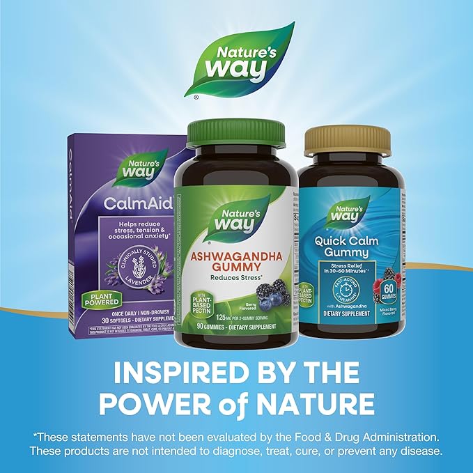 Nature's Way Ashwagandha Gummies, Reduce Stress with Adaptogenic Herb*, 125 mg Per 2-gummy Serving, Berry Flavored, 90 Gummies (Packaging May Vary)