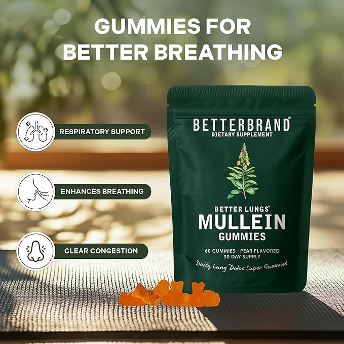 Betterbrand Mullein Chewable Gummies for Lung Cleanse and Detox, Respiratory Health Supplement, 1000mg Mullein Extract per Serving, 180 Gummies - 90 Day Supply - Pear Flavored