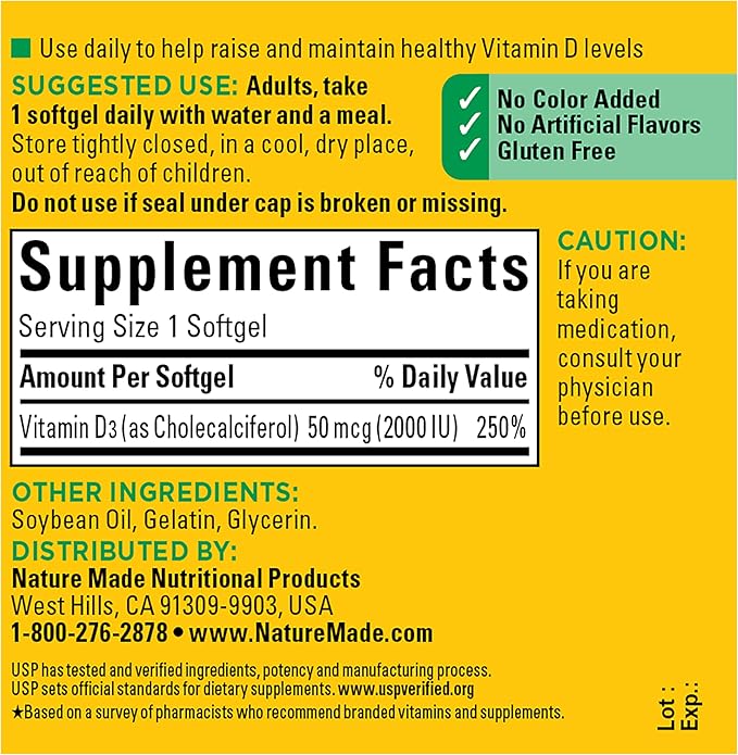 Nature Made Vitamin D3 2000 IU (50 mcg), Vitamin D Supplement for Bone, Teeth, Muscle and Immune Health Support, 90 Softgels, 90 Day Supply