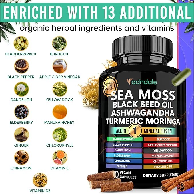 Adndale Sea Moss Capsules - Sea Moss Blend with Ashwagandha, Turmeric & Black Seed Oil - 90 Count