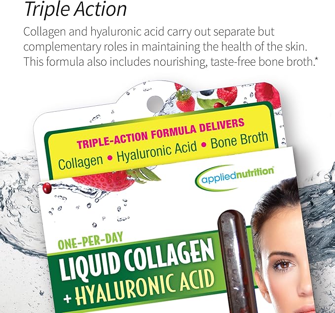Applied Nutrition Liquid Collagen + Hyaluronic Acid - 10 Liquid Tubes, Pack of 2 - Skin & Nail Restoration - Mixed Berry Flavor - 20 Servings