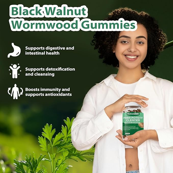 Black Walnut Wormwood Detox Gummies - Organic Herbal Extract with Pumpkin Seeds, Oregano Oil for Gut Health, Supports Digestive & Microbial Balance, Non-GMO & Gluten Free Supplements - 60 Count