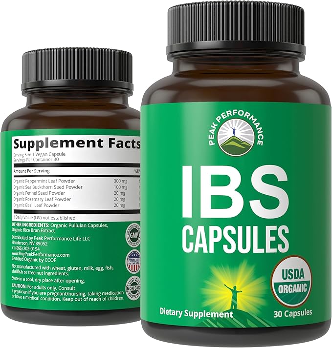 USDA Organic IBS Capsules for Relief, Ingestion, Bloating, Gas - Irritable Bowel Supplement with 5 Handpicked Organic Ingredients - Peppermint Oil, Sea Buckthorn, Fennel Seed, Rosemary Leaf, Basil
