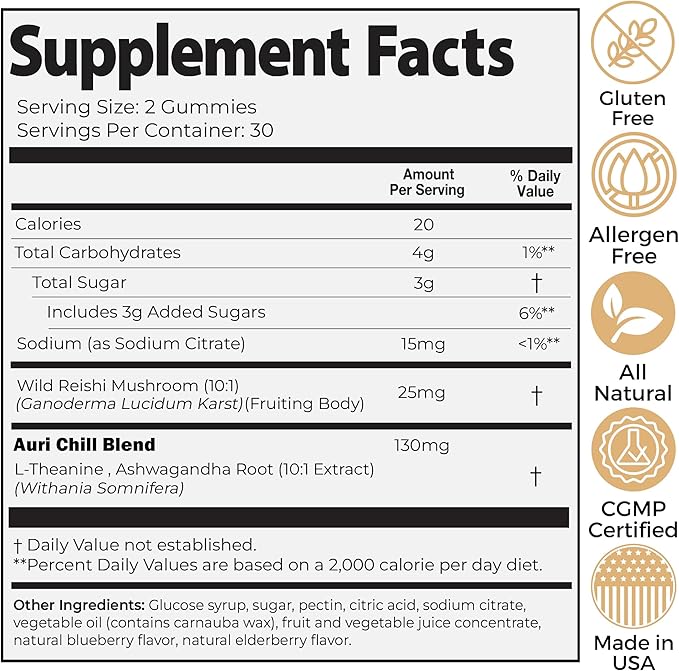 Auri Nutrition Super Mushroom Chill Gummies - Natural Calming Aid & Stress Reduction Supplement for Adults w/Reishi Mushroom, Ashwagandha, L-Theanine- Unwind Mind & Harmonize Your Day- 60 Calm Gummies