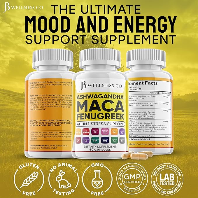JB Wellness Co Ashwagandha Maca Root Fenugreek Supplement with Tongkat Ali Ginseng - Assists with Mood & Thyroid Health - Made in USA - 120 Count
