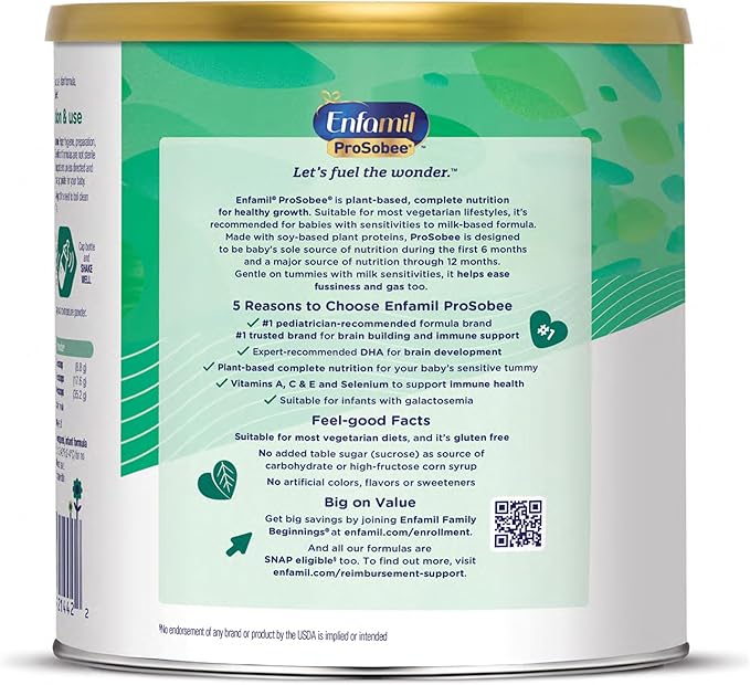 Enfamil Prosobee Plant based Baby Formula, for Sensitive Tummies, Soy-based Plant Sourced Protein, Vitamins for Immune Support, Lactose-free, Milk free, Gluten free, 20.9 Oz Can, 4 Count