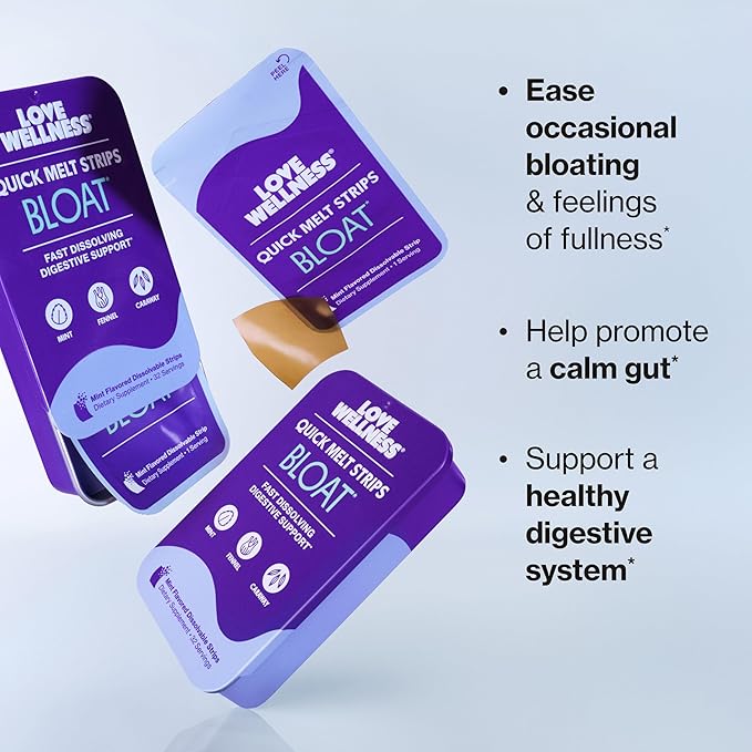 Love Wellness Bloat* Quick Melt Strips - Fast-Dissolving Digestive Support with Mint, Fennel, and Caraway - Helps Ease Occasional Bloating* - No Water Needed - Vegan and Sugar Free - 32 Strips