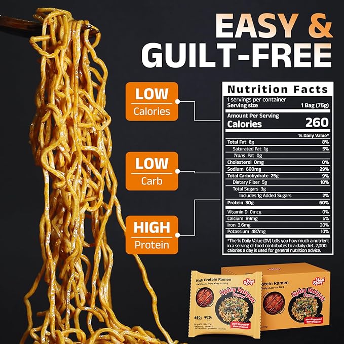 Healspot High Protein Spicy Buldak Noodles, Dry Tossed Ramen, 31g Plant-Based Protein, Low Fat, Low Carb, Non GMO, Keto Friendly & Plant Based (6 packs)