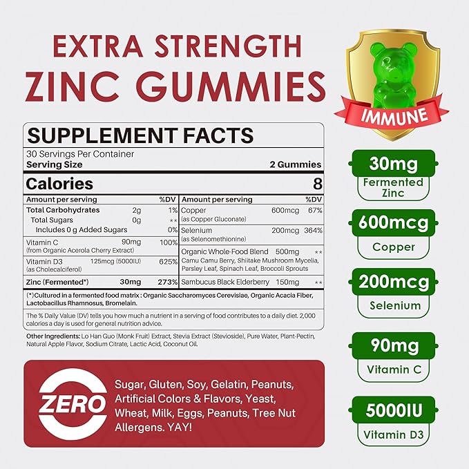 Fermented Zinc Gummies 30mg, Copper, Selenium, Vitamin C, D3, Superior Absorption Zinc Supplements for Women & Men, Immune, Powerful Antioxidant, Zinc Picolinate Alternaitive, Vegan, No Sugar, 2 Pack