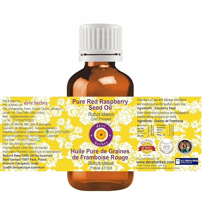 dève herbes Pure Red Raspberry Seed Oil (Rubus idaeus) Cold Pressed (Pack of Five) 100ml X 5 (16.9 oz)