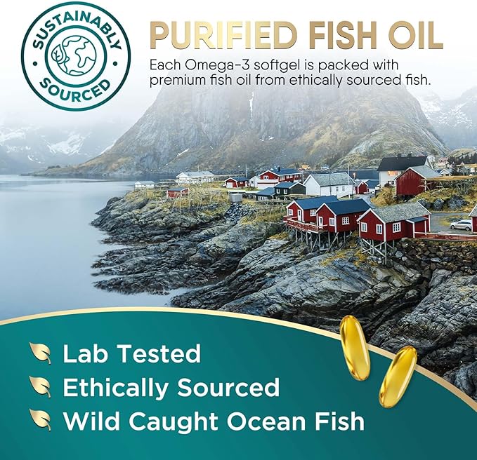 Omega 3 Fish Oil Supplements - 2400mg Fish Oil Per Serving - Triple Strength Omega-3 with Fatty Acids EPA & DHA - Natural Heart, Brain & Immune Support - Wild Caught, Bottled in USA - 180 Softgels