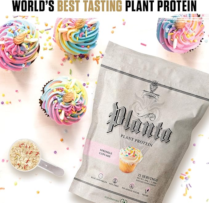 Ambrosia Planta - Plant-Based Protein Powder 20g | Dairy Free Vegan Protein Powder with BCAA Amino Acids | Keto-Friendly, No Added Sugar | 25 Servings | Sprinkle Cupcake