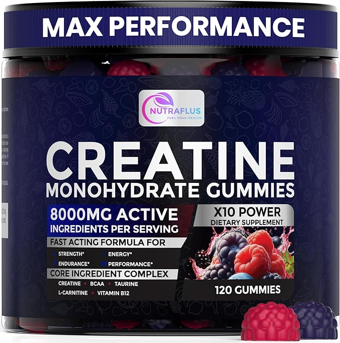 Creatine Monohydrate Gummies – Berry Flavored Creatine Supplements for Women and Men – 120Pcs Pre Workout Gummies with BCAA, Taurine, Vitamin B12 - Promote Energy Boost, Performance
