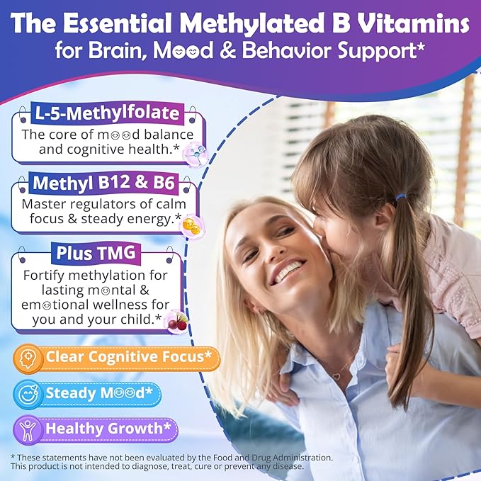 L-Methylfolate 1000 mcg + Methyl B12 Gummies for Kids & Adults - Active 5-MTHF, w/Omega-3 DHA & EPA(3:1), Choline & TMG, B6, Supports MTHFR Gene, Brain, Energy & Methylation, Sugar free, 120 Cts