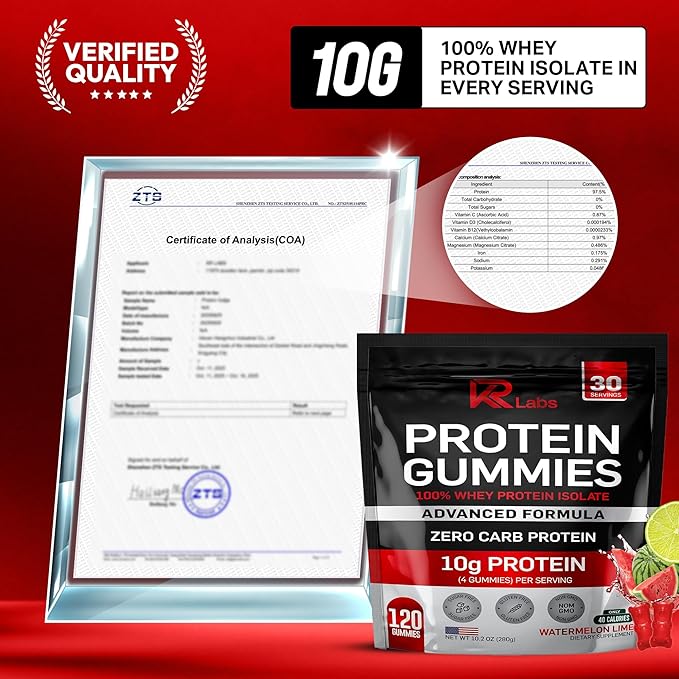 Zero Carb 100% Pure Whey Isolate Protein Gummies | 300g Total Protein per Bag | 10g per Serving Plant Based with Vitamins for Men & Women | Gluten Free Non-GMO | Watermelon Lime | 120 Count