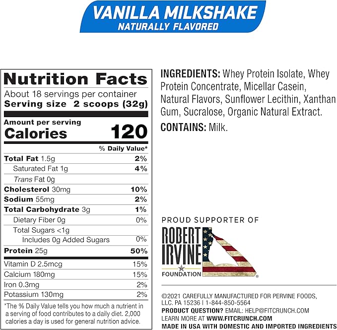 Fit Crunch Tri-Blend Whey Protein, Keto Friendly, Low Calories, High Protein, Gluten Free, Soy Free (18 Servings, Vanilla Milkshake)