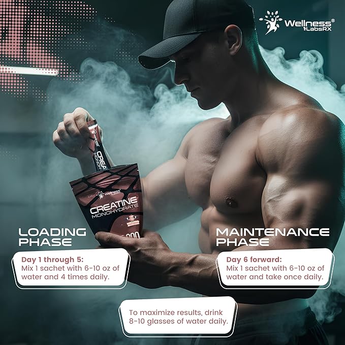 WELLNESS LABSRX Creatine Monohydrate Powder Sachets 300g – Peach Flavor Micronized Creatine Powder Supplement, Creatine for Women and Men, Supports Muscle Strength, Energy, Performance - 60 Servings