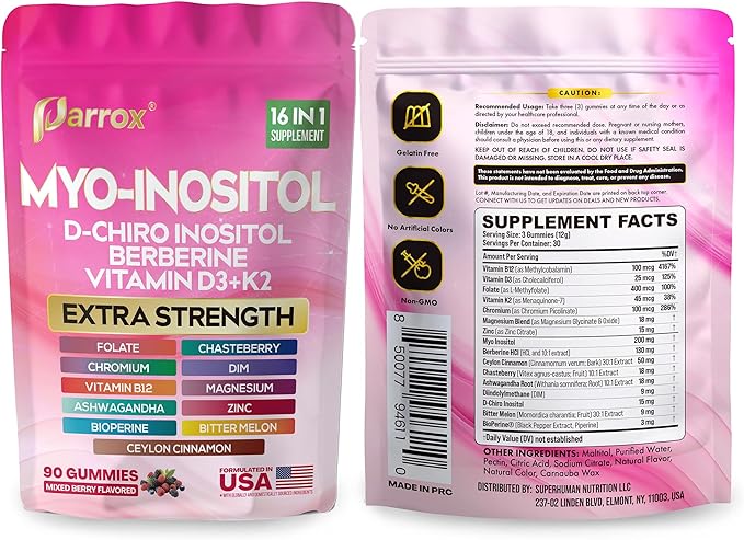 Myo-Inositol & D-Chiro Inositol Gummies with Berberine, Vitamins D3+K2, B12, Folate, Zinc, Magnesium, Ashwagandha, Chasteberry, Bioperine, DIM - 16 in 1 Supplement - Mixed Berry Flavor - 90 Gummies