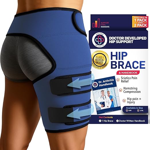 Dr. Arthritis Stabilizing Hip Brace for Men & Women, Thigh Compression Sleeve & Hip Support for Muscle Recovery, Hamstring Brace with Handbook, Sciatica Pain Relief Devices - Right Leg (S/M, Navy)