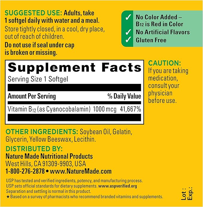 Nature Made Vitamin B12 1000 mcg, Dietary Supplement for Energy Metabolism Support, B12 Vitamins 1000 mcg, 90 Softgels, 90 Day Supply