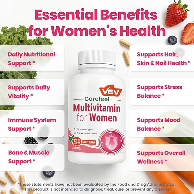 VEV Multivitamin for Women, Womens Vitamins with Vitamin A, C, D, E & B-Complex, Calcium, Magnesium, Zinc, 120 Capsules, 60-Day Supply – 12 Essential Vitamins & 6 Key Minerals for Daily Nutrition
