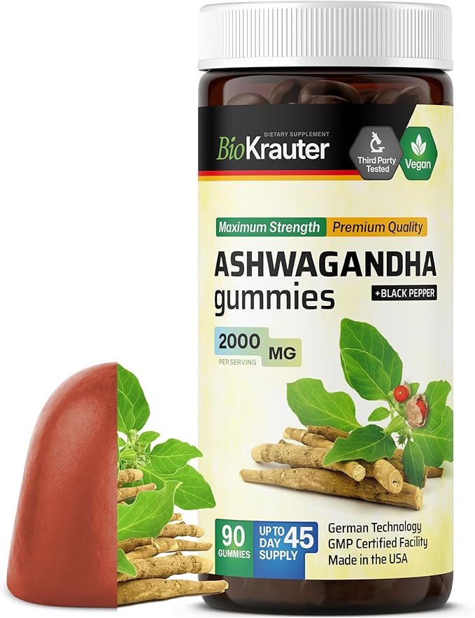 BIO KRAUTER® Ashwagandha Gummies for Mood Magic & Relaxation Support 2000 mg - Vegan Ashwagandha Supplements for Women & Men - 90 Relax Gummies - 45 Days of Supply, Mango Flavor - Non-GMO
