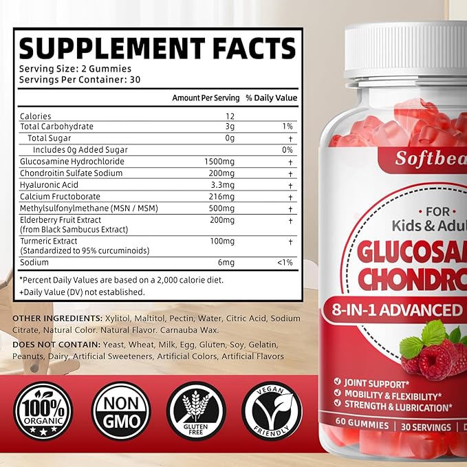 softbear Glucosamine Chondroitin Gummies, Sugar Free Glucosamine Chondroitin MSM Supplement with Elderberry Turmeric Supports Joint Health & Antioxidant, Raspberry Flavored 60 Count