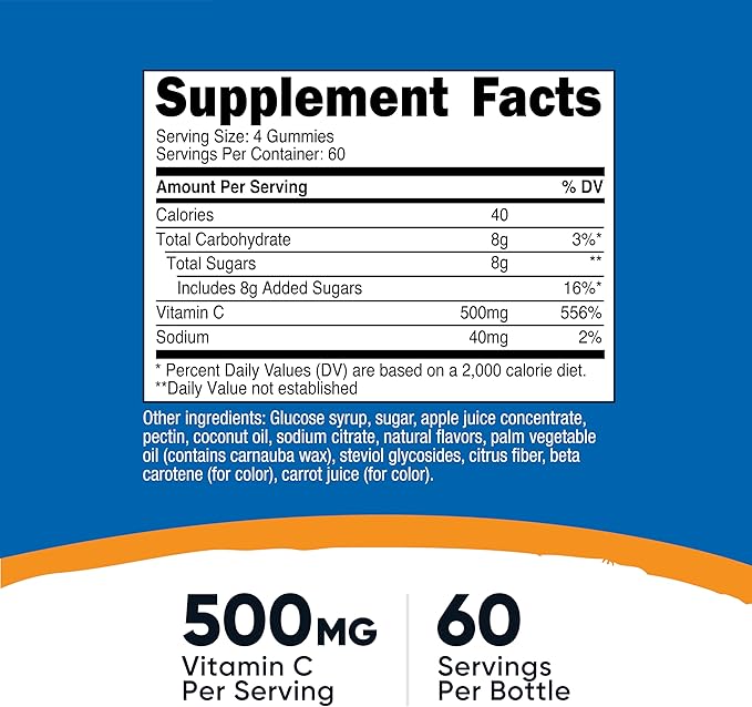Nutricost Vitamin C Gummies (500mg) 240 Gummies - Made with Natural Flavors & 556% DV of Vitamin C, Vegan, GMO-Free, Gluten-Free, 60 Servings