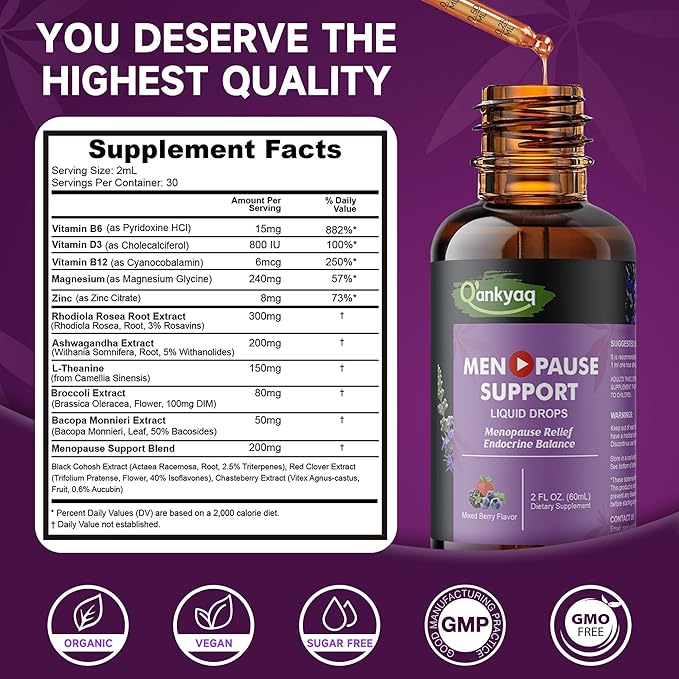 Q'ankyaq Menopause Support Liquid Drops with Ashwagandha, Red Clover, Black Cohosh, Chasteberry - Hot Flashes, Hormone Balance, Mood & Energy, Metabolism, 2 Fl Oz