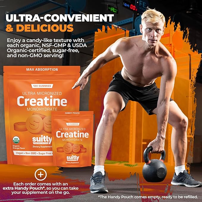 USDA Organic Ultra-Micronized Creatine Gummies for Men & Women; Orange Max Absorption 5g Creatine Gummies Sugar Free for Muscle Gain, Energy & Recovery; Muscle Builder for Women with Pouch - 120 Count