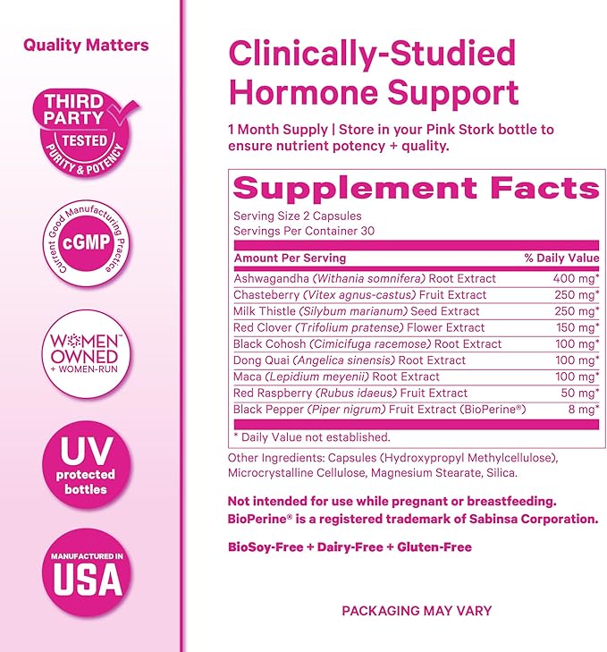 Pink Stork Menopause Support for Women - Hot Flash, Mood, Sleep, Weight, Cortisol & Hormonal Balance - Vegan, Estrogen-Free Perimenopause Relief - Ashwagandha, Maca - 60 Capsules