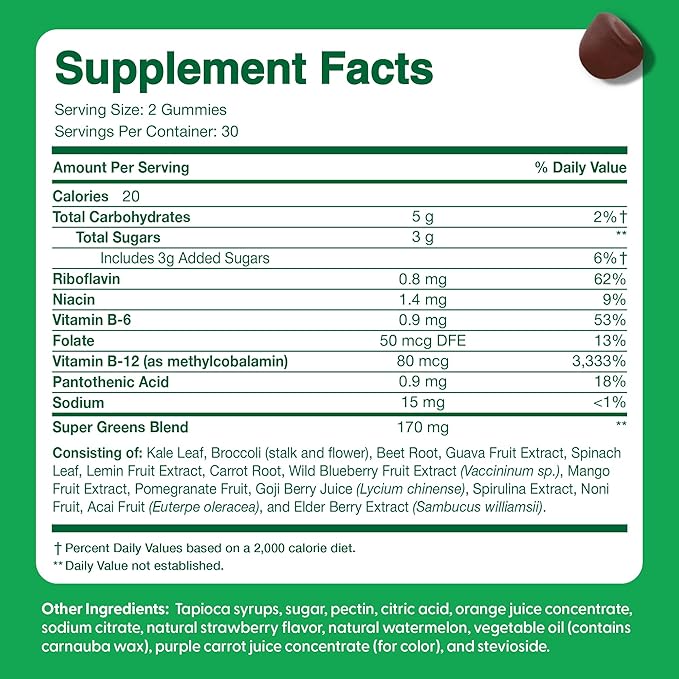 Feel Great Super Green Gummies for Kids | Fruit and Vegetable Gummies | Vegan Veggie Gummy Multivitamin for Kids | Veggie Fiber Supplement | 60 Count