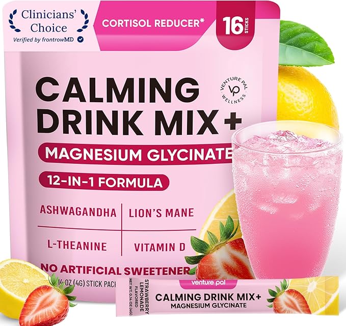 Venture Pal Calm Drink Mix, Cortisol Reducer and Sleep Aid with Magnesium Glycinate, Ashwagandha, L-Theanine,Vitamin D, Calm Magnesium Powder for Relax & Focus, No Sugar, Non GMO, Vegan & Gluten-Free