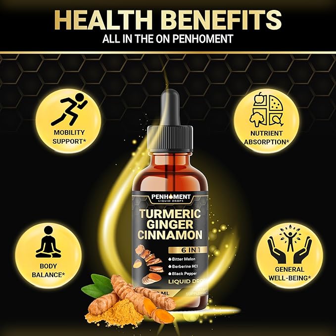 6in1 Liquid Turmeric Ceylon Cinnamon Berberine Ginger Bitter Melon & Black Pepper – Turmeric Supplement Drops – 1 FL OZ – 60 Servings