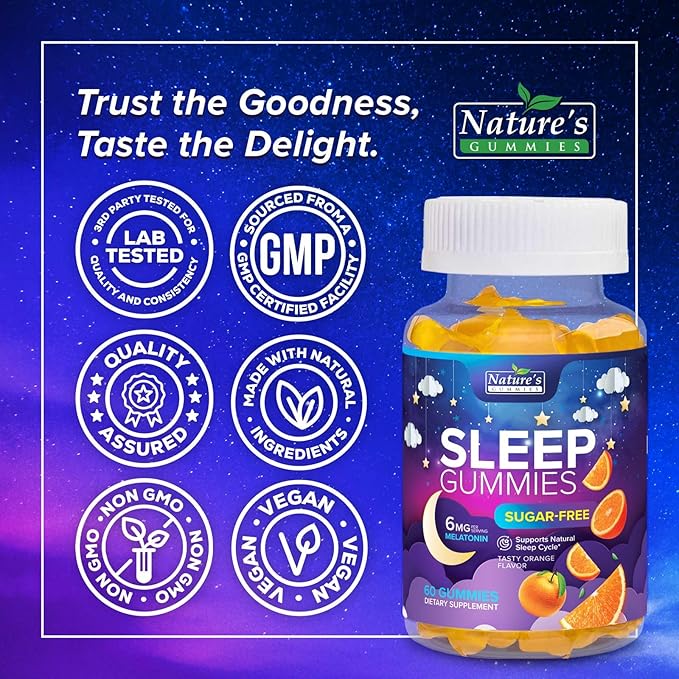 Sleep Gummies 6mg Per Serving - Sugar Free Melatonin Gummy Supplement for Adults - Natural Zero Sugar Sleeping Gummy for Adults & Kids, Orange Flavored, Extra Strength Sleep Support - 60 Count