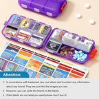 14 Grids Travel Pill Organizer Box with 415-Pcs Medicine Name Labels, Pocket Daily Pharmacy Case Container, Travel Medication Holder Dispenser Kit for Fish Oil Vitamin Supplement Storage -Clear Purple