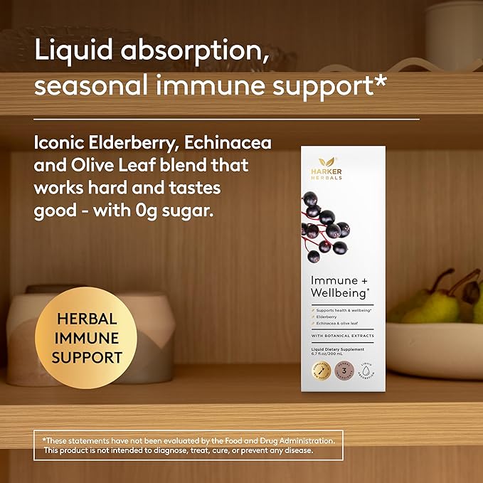 Immune + Wellbeing Syrup, Herbal Formula with Elderberry, Echinacea & Olive Leaf, High Absorption, Wild Berry Flavor, Plant-Based - 6.7 Fl oz (40 Servings)