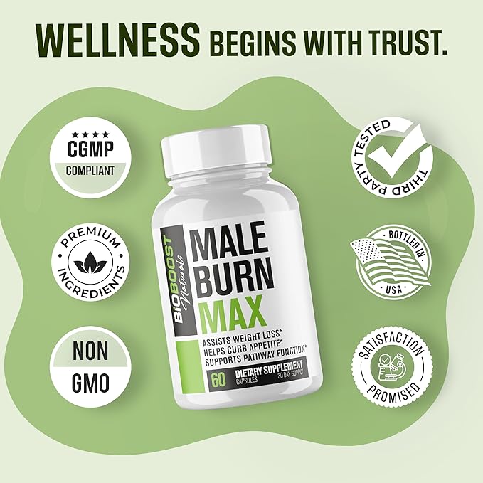 Male Burn MAX - Fat Burner FOR MEN - Weight Loss Pills, GLP-1 Support, Appetite Suppressant - 5 Powerful Ingredients to Help Burn Fat While Sustaining Muscle - 3rd Party Tested - 60 Capsules
