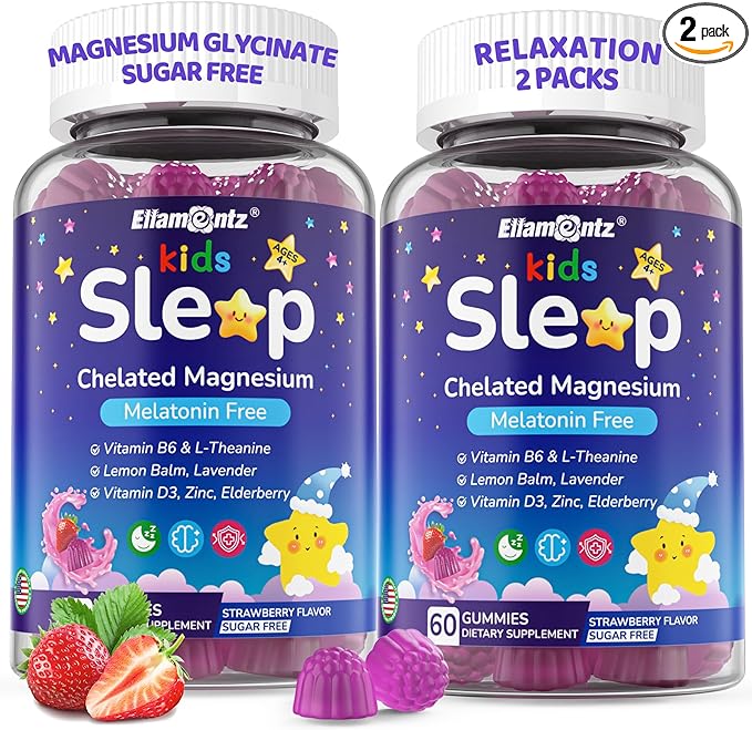 Kids Sleep Gummies, NO Melatonin Sleep Aid Gummies w/ Magnesium Glycinate, Magnesium Malate, L-Theanine, Lavender, B6, Zinc, D3K2 for Restful Sleep, Relax Brain & Muscle, Immune Support, Non-GMO 2Pack